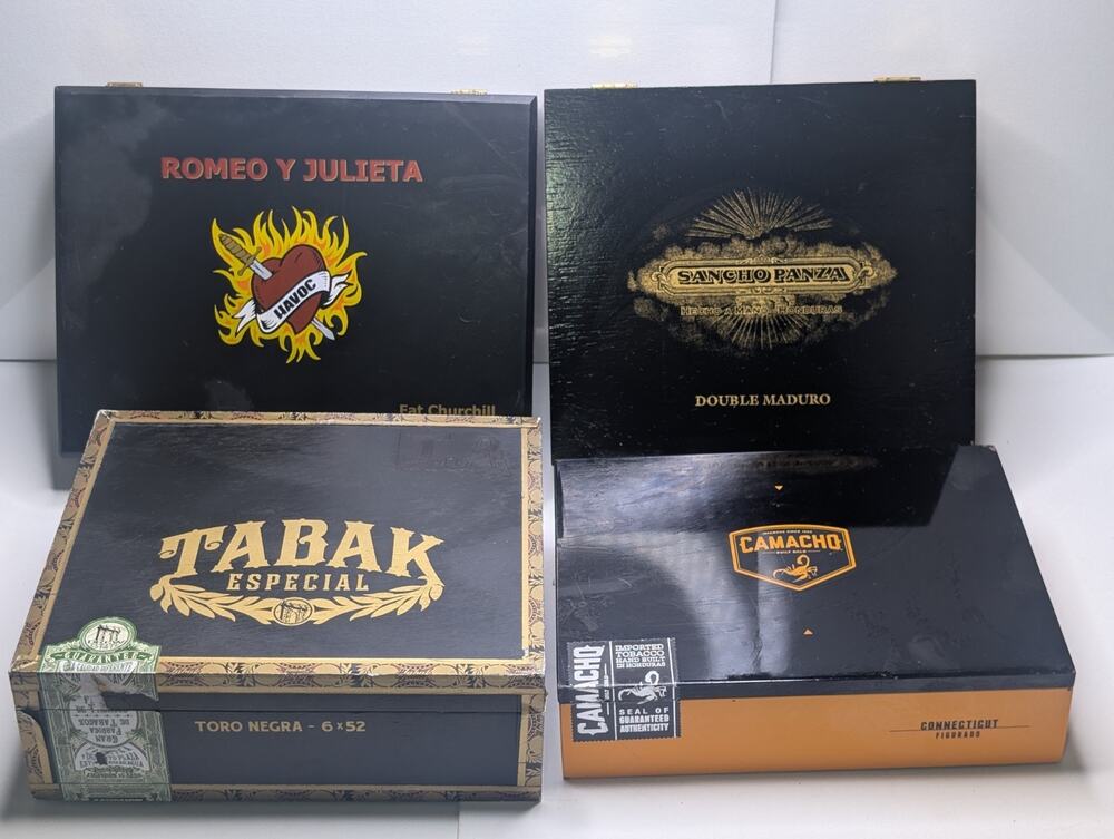 Lot of 4 Empty Wooden Cigar Boxes Romeo y Julieta Camacho Sancho Panza Tabak